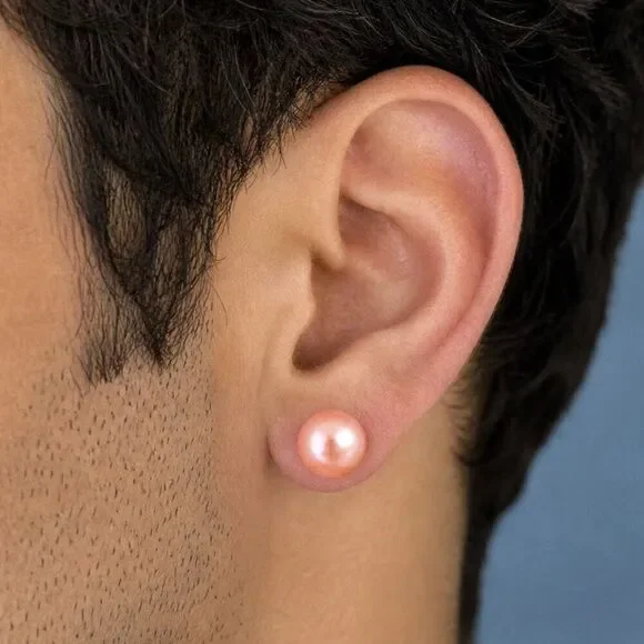 Men’s Large Pink Freshwater Pearl Stud Earrings in Gold Tone - 9-10mm