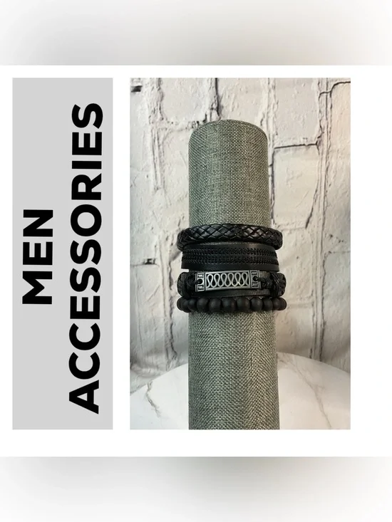 🌟🌟 Men's Black Layered Leather & Bead Bracelet Set