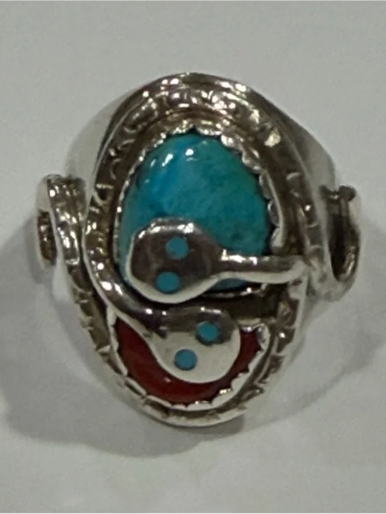 Effie C Handcrafted Silver Turquoise and Coral Snake Ring
