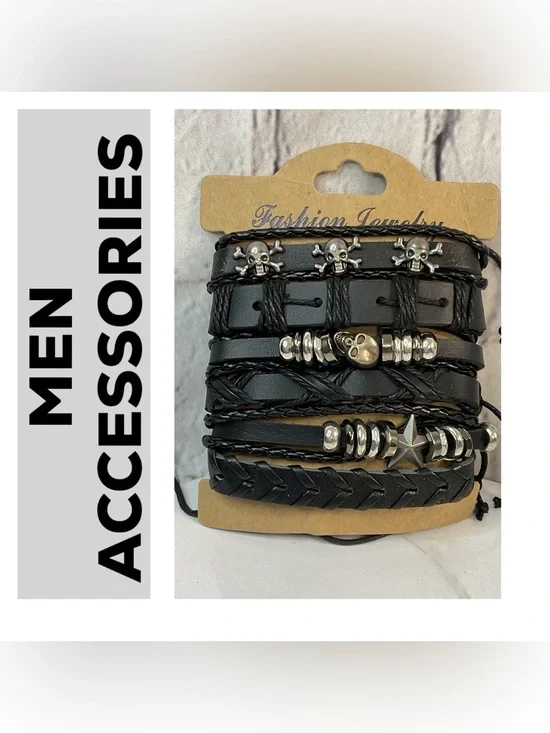 🌟🌟 Jewelry Black Leather Multi-Strand Skull & Star Bracelet