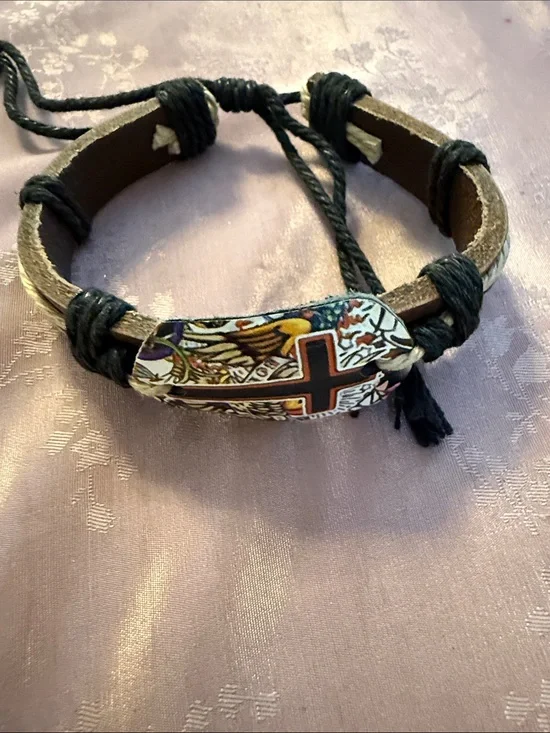 Men's Black Leather Adjustable Bracelet with Cross Accent