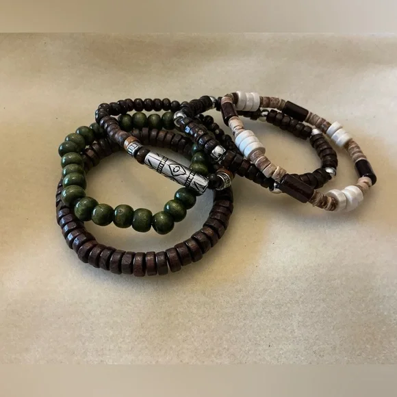 Men's Beaded and Wooden Bracelet Set - Green, Brown, White