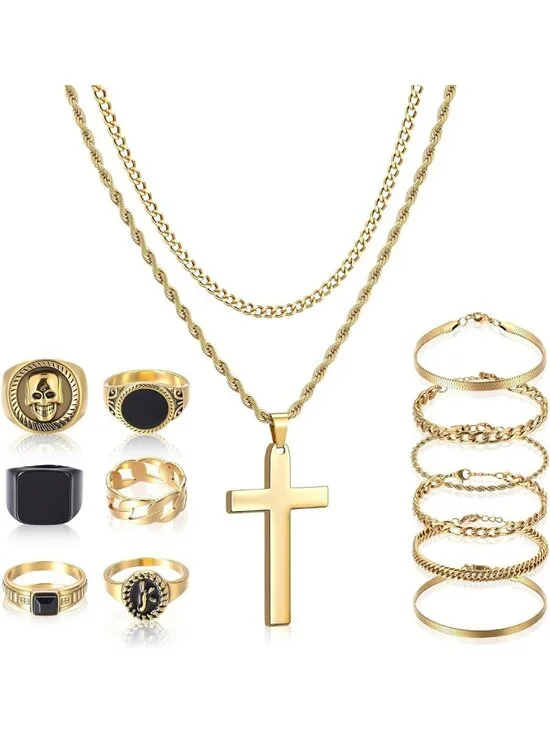 15 Pcs Men's Gold/Silver Jewelry Set - Cross Pendant, Cuban Bracelet, Vintage