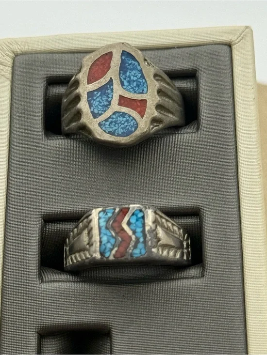Set of two Men's Silver-Tone Inlay Ring with turquoise and coral Accents