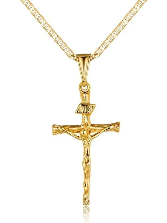 Unisex 18K Gold Plated Cross Necklace - Flat Mariner Chain, 3MM Pendant Jewelry
