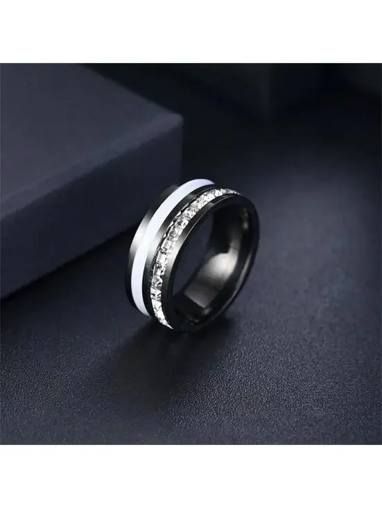 Black stainless steel princess cut inlay band RING - Silver - CZs- size 13