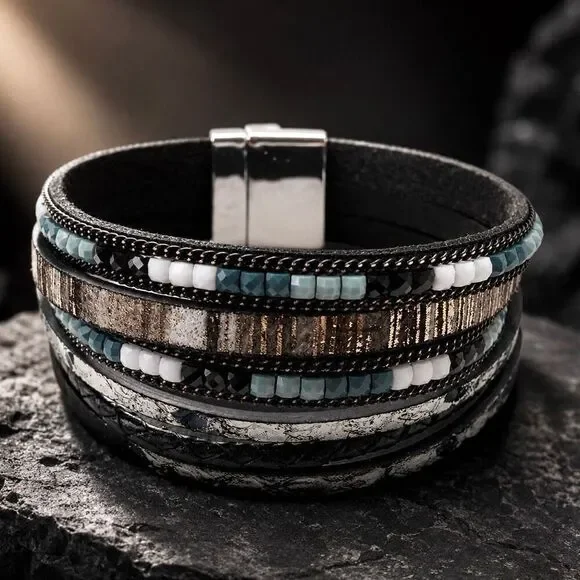 Black & White Multi-Strand Beaded Magnetic Clasp Cuff Bracelet