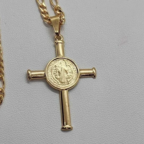 Brand New   Brazilian 18k Gold Filled Cross with  San Benedict Necklace