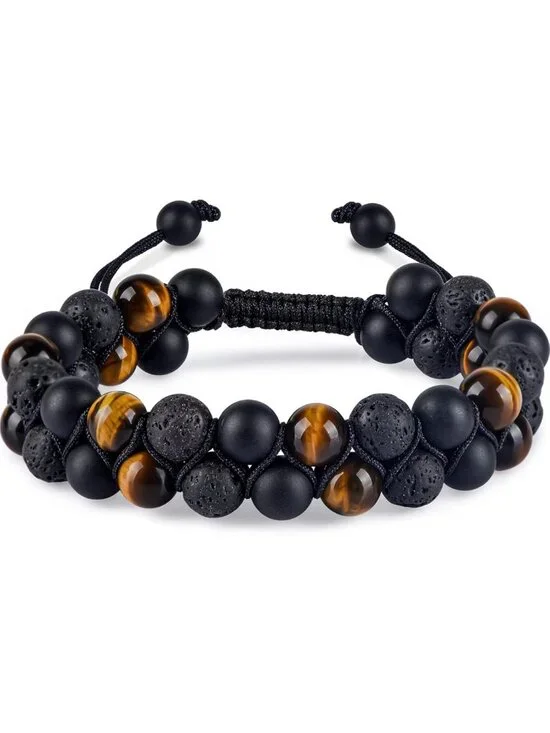 Handmade Triple Protection Bracelet - Tiger Eye, Black Onyx & Lava Rock, 8mm
