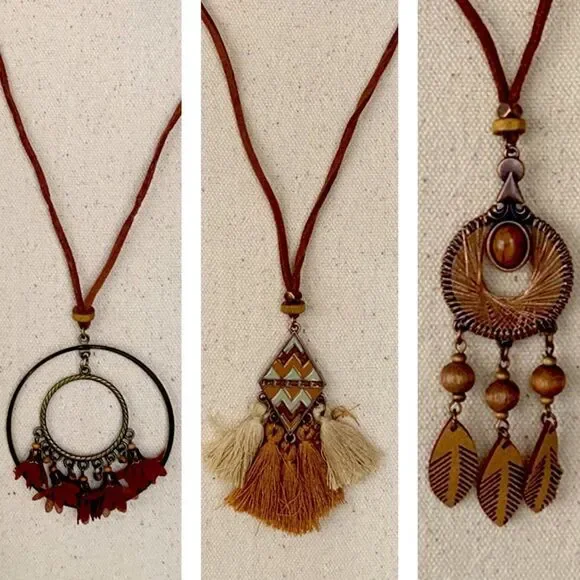 Set of 3 Men’s Boho Pendant Necklaces with Tassels