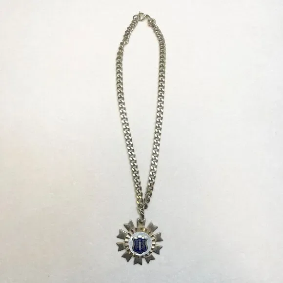 Vintage Fraternal Pendant Necklace Blue Crest Heraldic Lion Crest Medal Silver
