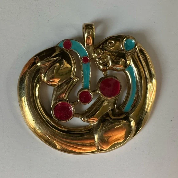 Rare Collective Scythian Gold Panther Pendant with Red and Turquoise Accents