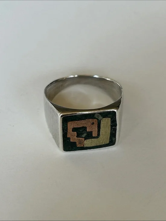 Sterling Silver Men's Signet Ring with Green Inlay