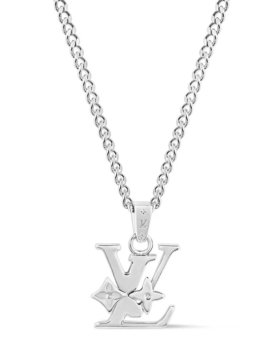 Louis Vuitton Silver LV Monogram Row Pendant Necklace