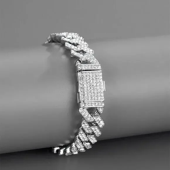 Silver Plated Cuban Rhinestone Bracelet