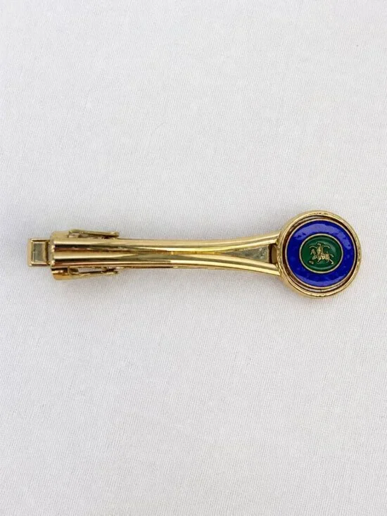Burberrys Gold Tone Tie Bar Blue Enamel Equestrian Medallion