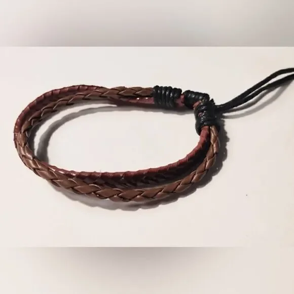 Men's bracelet leather braided layered brown new d72‎