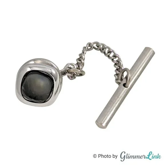 Vintage Swank Silver Tone Tie Tack with Shell Cabochon, Chain & T-Bar