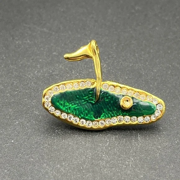 Golf Course Hole Flag‎ Sport Bedazzled Rhinestones Gold Tone Lapel Hat Pin