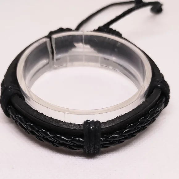 Men's Leather Bracelet Braided Black NEW f54‎