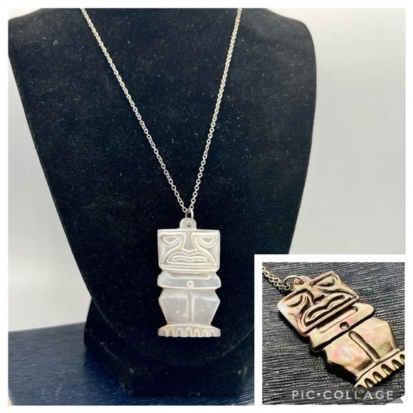 Vintage reversible carved mother of pearl tiki pendant tribal unique 18”