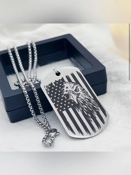 Stainless Steel Eagle & American Flag Dog Tag Necklace - Silver