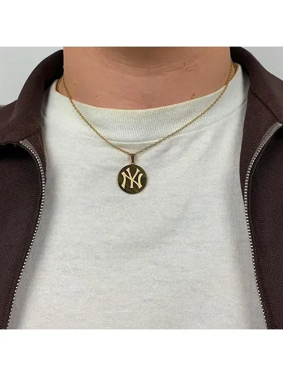 Y2k 2000s New York Yankees Circle Pendant Stainless Steel Gold Plated necklace.