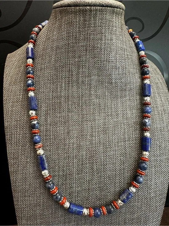 Lapis and Jasper Bead Necklace - Elegant Blue and Brown Unisex Jewelry