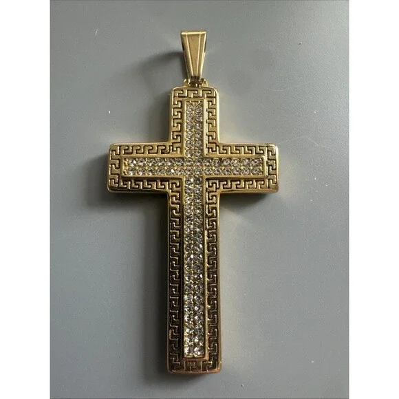 Cross Pendant Cubic Zirconia 24” Chain Gold Plated Religious Faith Gift Unisex