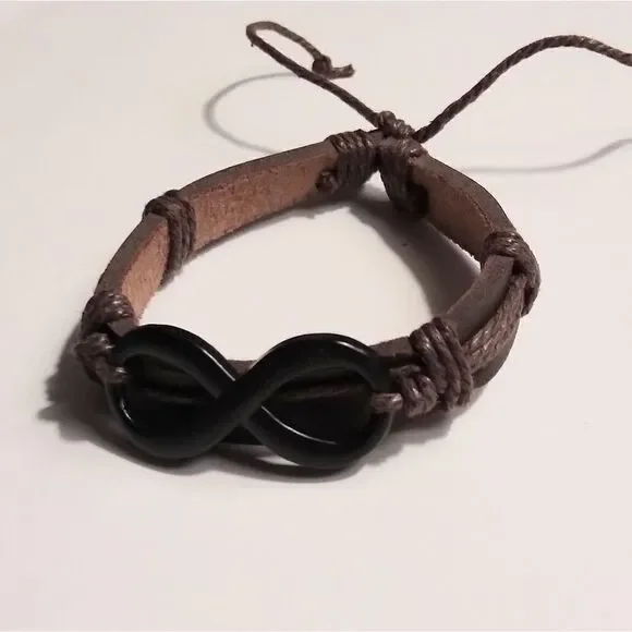 ‎Men's leather bracelet infinity brown New c9