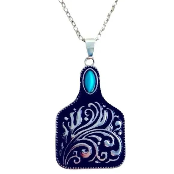 Men’s Western Cow Tag Pendant Necklace Silver Tone with Turquoise Accent