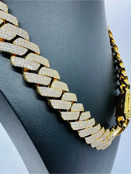 Gold Cuban Link Necklace with Pavé Crystals - Men’s Jewelry