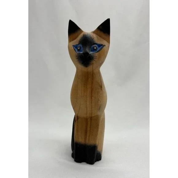 7'' Wood Siamese Cat Hand Carved Painted Figurine Made in Indonesia Blue Eyes