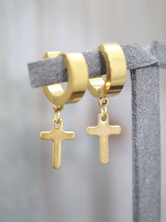 10mm Cross Charm Huggie Dangling Earrings 18k Gold Plated Stainless Steel