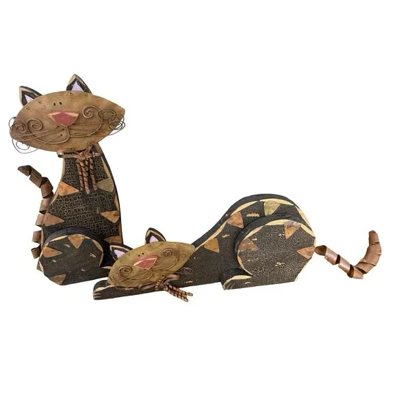 Rustic Tin Metal and Wood Cat Figurines Statutes Spring Tail Sit Down Laydown