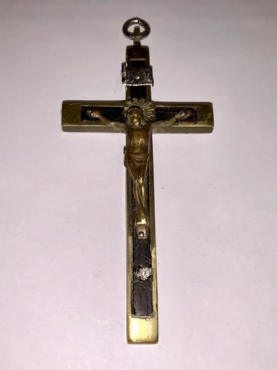 Antique Victorian Pectoral Crucifix Cross Ebony Inlay Memento Mori 3.75”