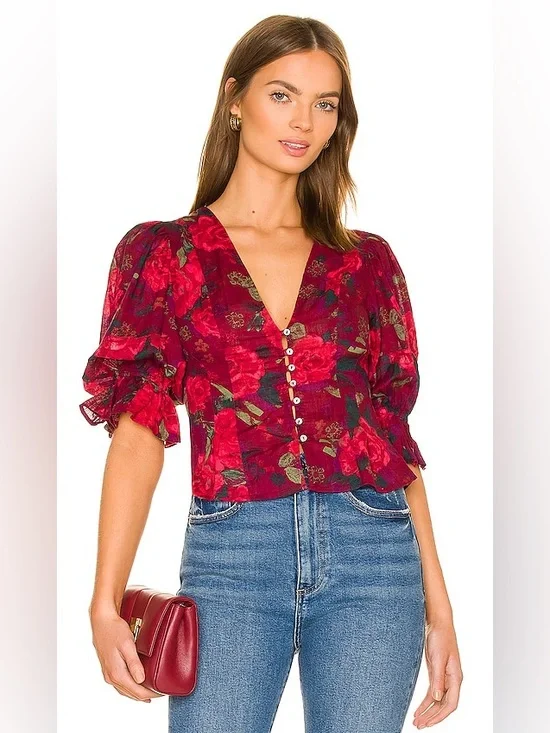 Free People Wine Rose Print Puff Sleeve Blouse