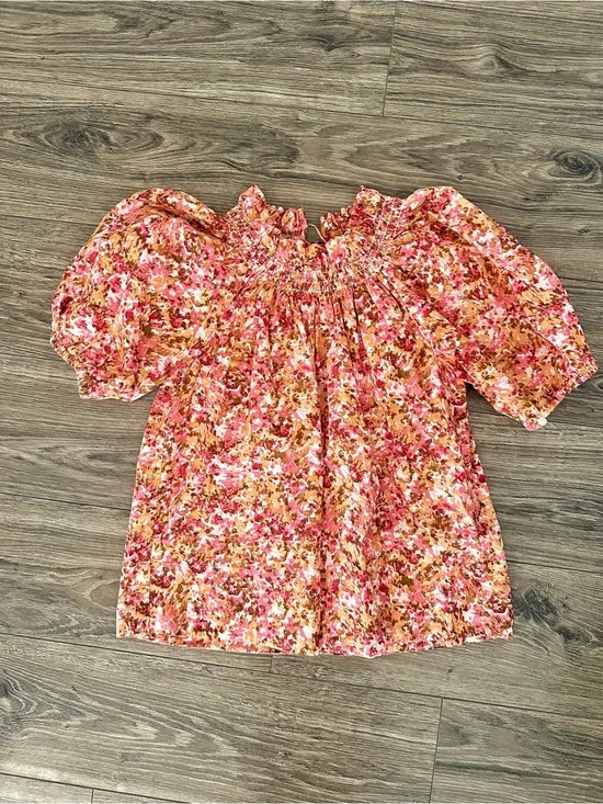 J. Crew Pink and Brown Floral Smocked Top
