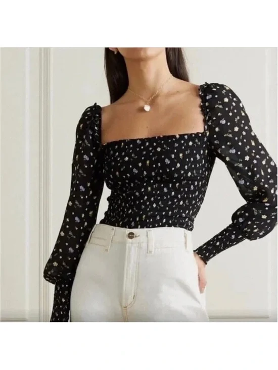 Reformation Pinto Smocked Puff Sleeve Jolene Top - small