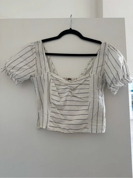 Free People White Top with Navy Pinstripes