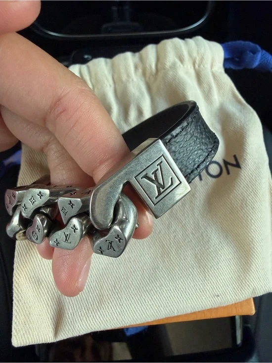 Louis Vuitton Black Leather Bracelet with Silver-Tone Chain and LV Clasp