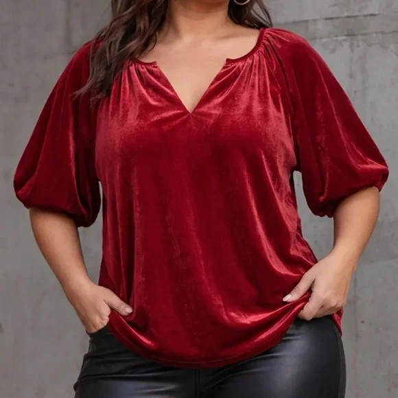 Old Navy Red Velvet Puff Sleeve Split V-Neck Blouse Top Plus Size 2X