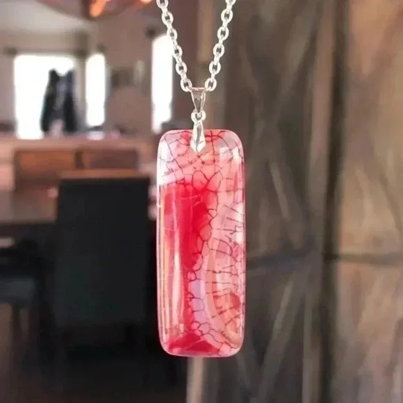 Large Organic Bar Rectangle Red Dragon Vein Stainless Steel Necklace NWT