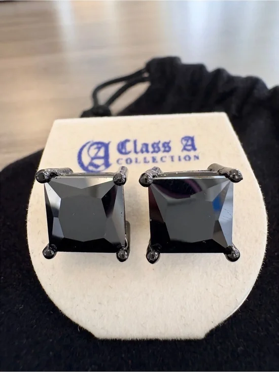 Class A Collection 10mm CZ Black Diamond Square Stud Earrings