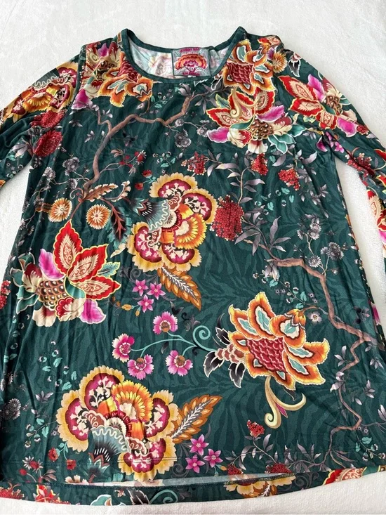 Johnny Was Orizaba Puff Sleeve Floral Soft Scoop Neck Green Blouse Top M E03