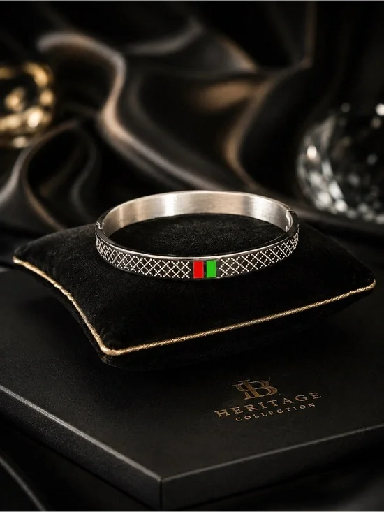 Luxury Silver Bangle Bracelet with Red and Green Accents
