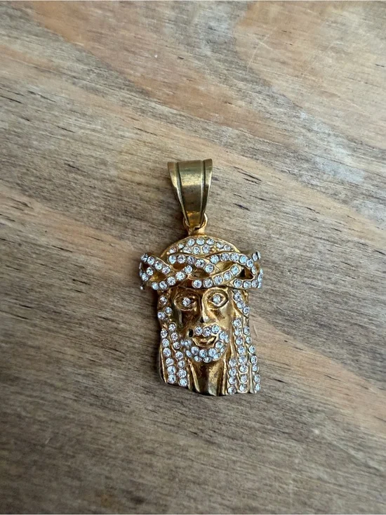 Gold-tone Jesus Head Pendant with Clear Rhinestones