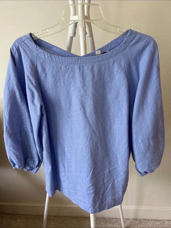 LOFT Light Blue Boatneck Linen-Blend Blouse
