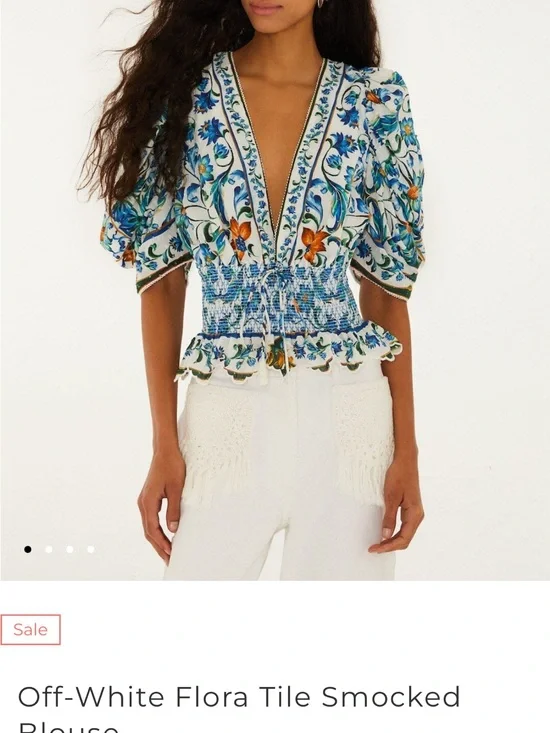 FARM Rio Off-White Floral Tile Blouse with Blue & Orange Print