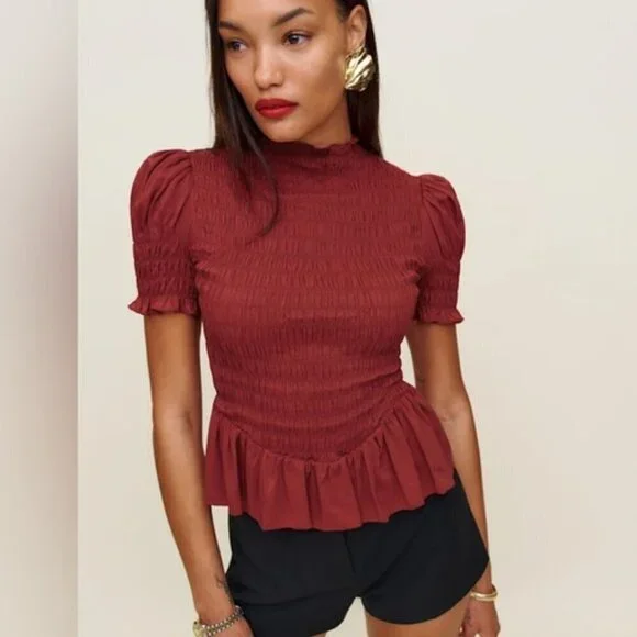 NEW Reformation Aggie Short Sleeve Top Rubies Dark Red Smocked Top | size XS